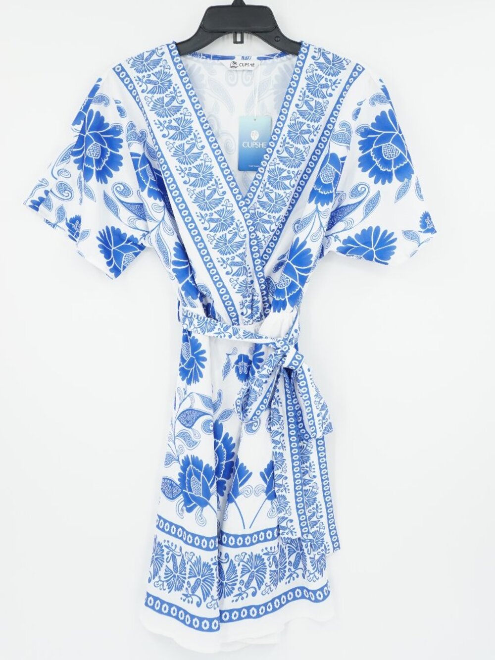 Cupshe Clouded Floral Mini Dress Women's Small Blue & White With Belt